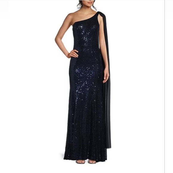 City Studio Sequin One Shoulder Fit and Flare Long Dress - Picture 1 of 3